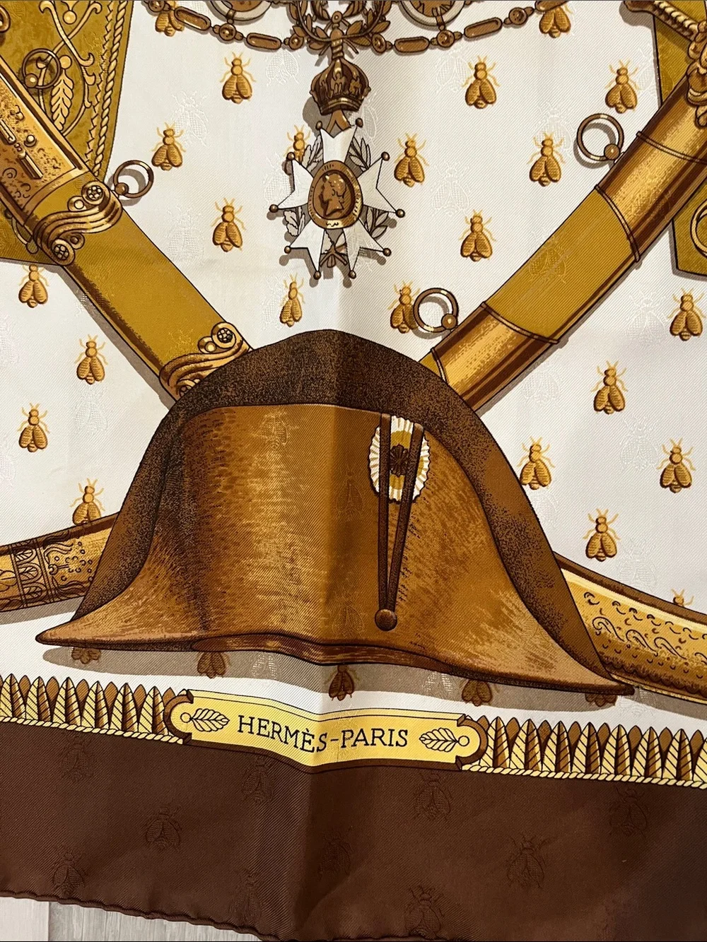 Hermes Brown and Gold Napoléon Silk Scarf